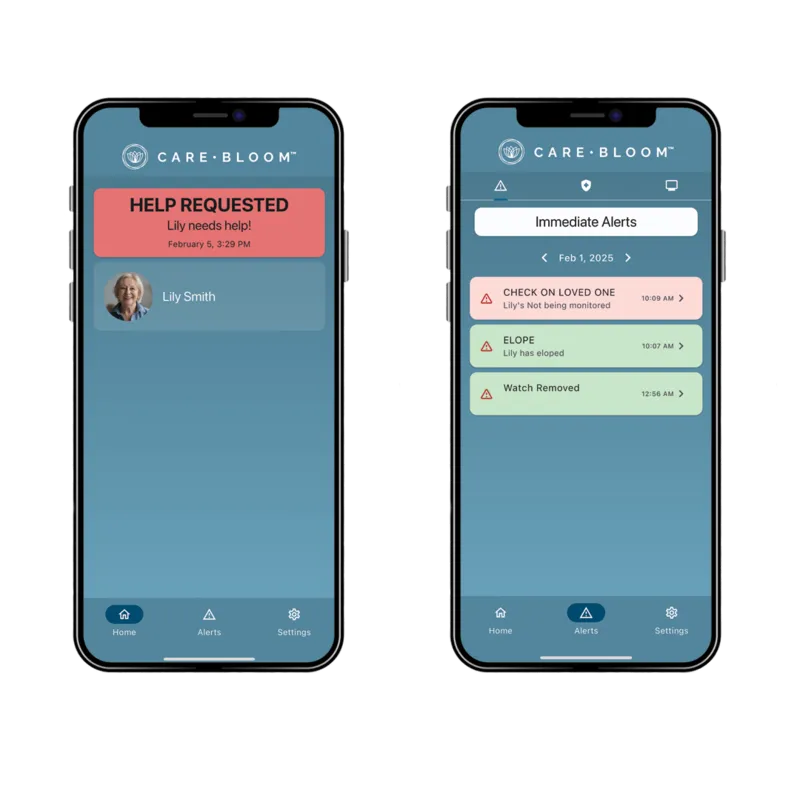 Care Bloom mobile alerts showing help request and immediate alerts screens