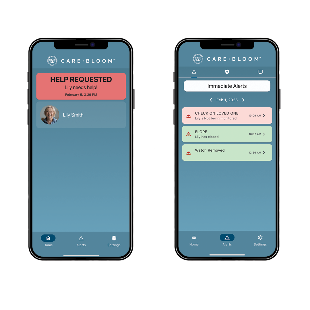 Care Bloom mobile alerts showing help request and immediate alerts screens