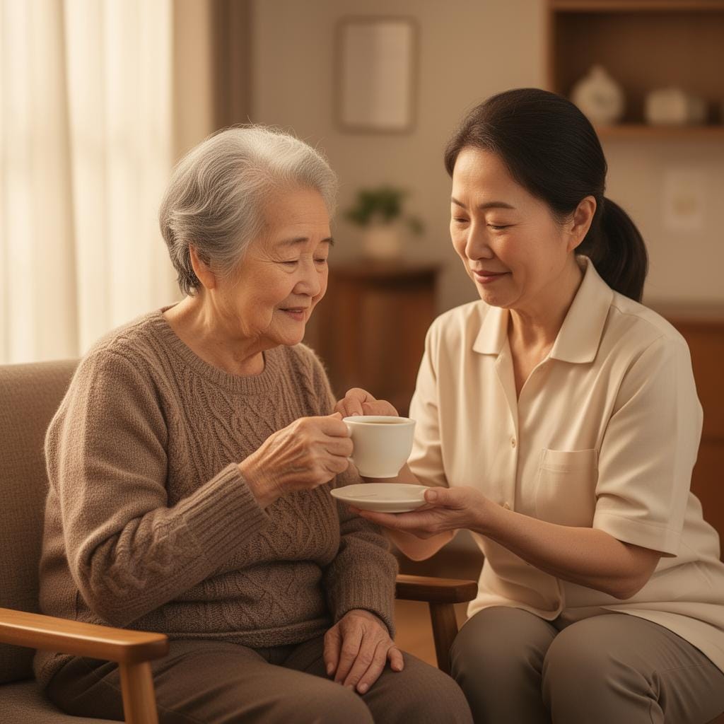 Compassionate home caregiver assisting an elderly woman with morning routines in her kitchen