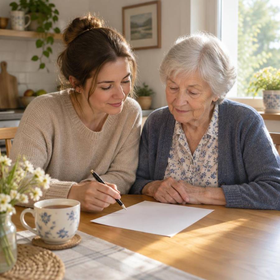 Adult daughter and her elderly mother reviewing a family caregiver agreement at the kitchen table