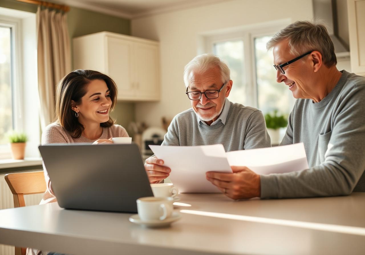 A family gathered around a kitchen table organizing documents together