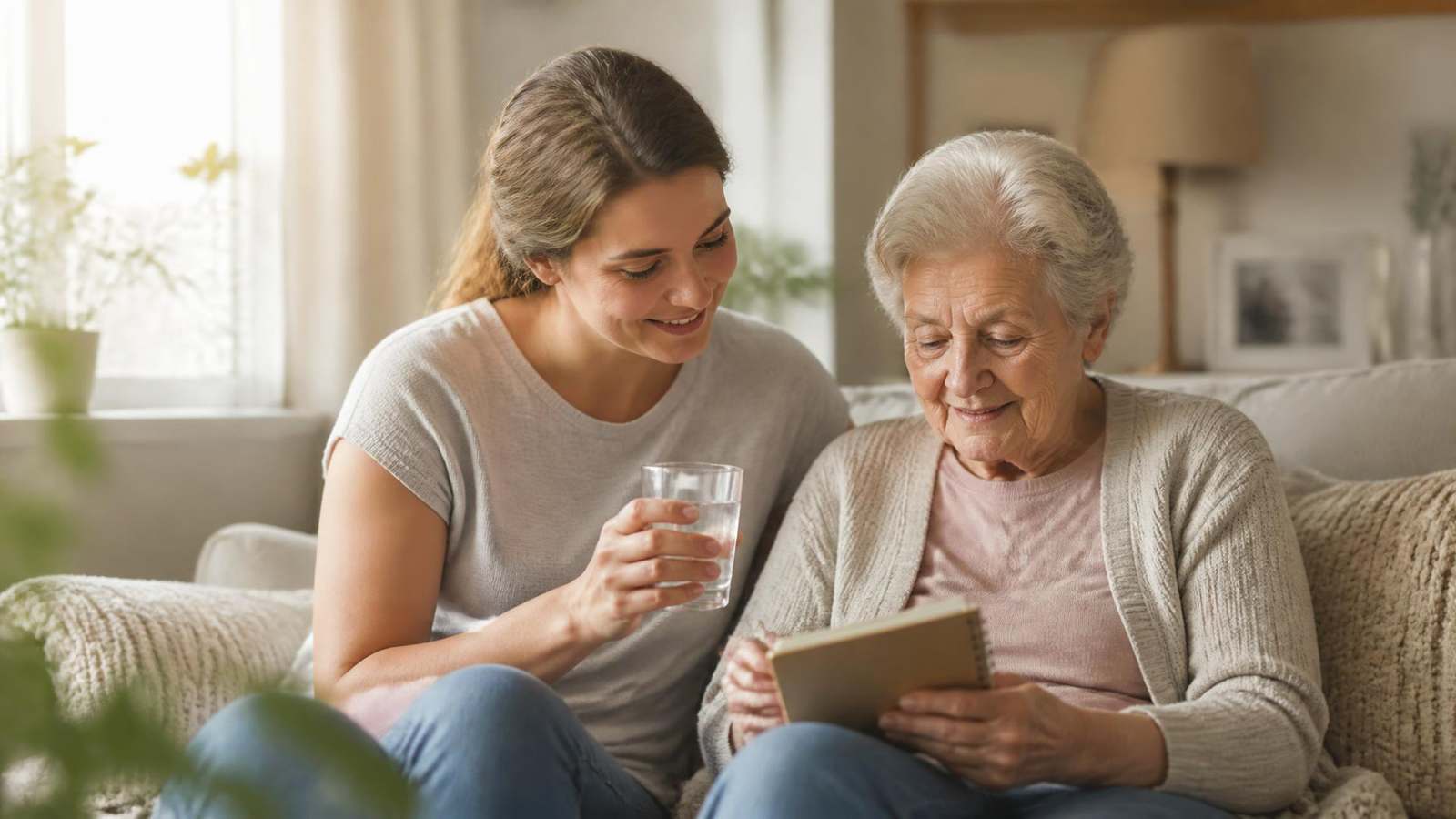 A home care aide sitting on a couch beside an older woman in a sunlit living room, helping her with a glass of water and a notebook