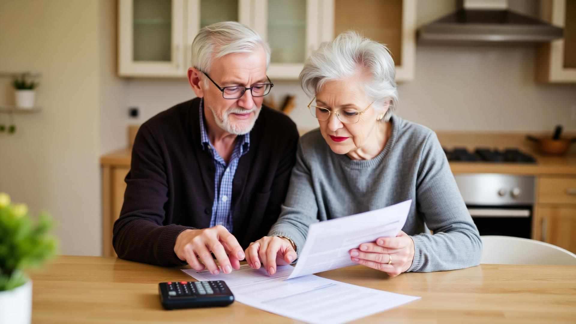 Older couple reviewing long-term care insurance paperwork at a kitchen table with a calculator