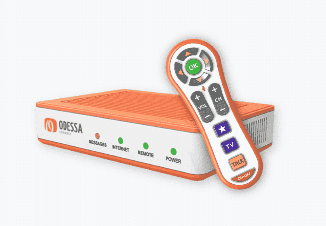 OdessaConnect TV portal box and large-button universal remote with clear labels for TV, Talk, Messages, and OK