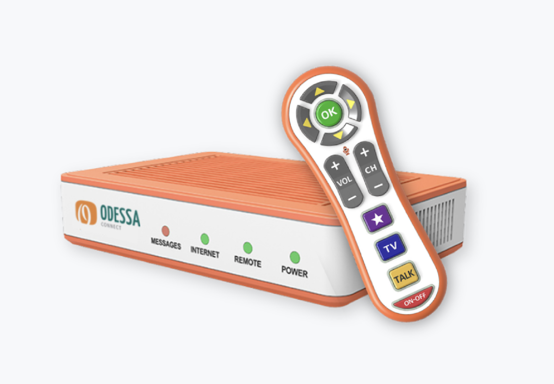 OdessaConnect TV portal box and large-button universal remote with clear labels for TV, Talk, Messages, and OK