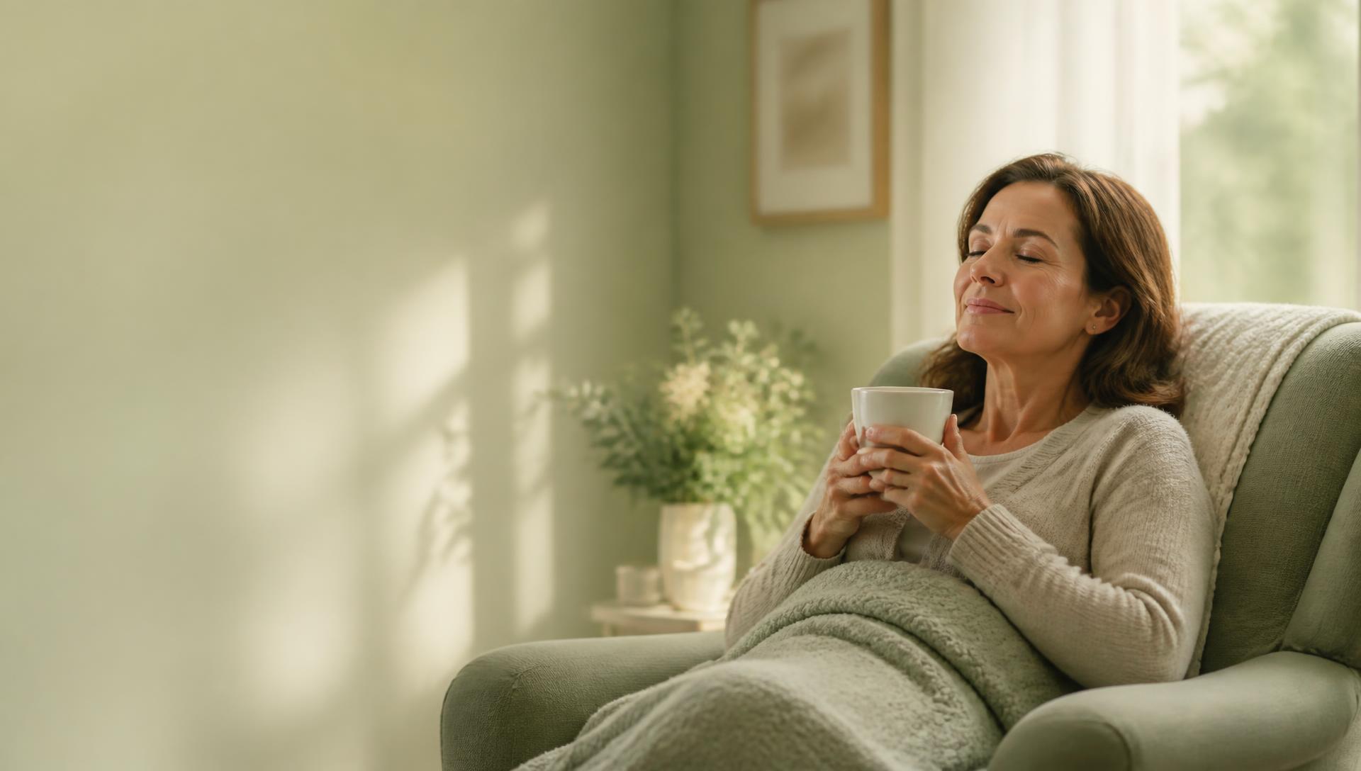 A family caregiver resting in a sunlit chair with a warm cup of tea