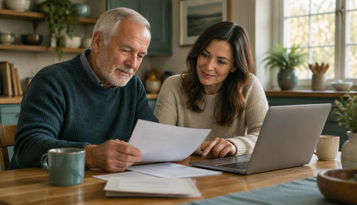 An older man reviewing insurance paperwork at a kitchen table with his adult daughter