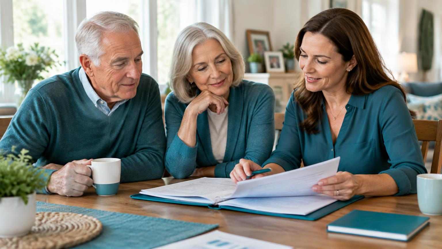 An older couple reviewing a long-term care insurance plan with their adult daughter