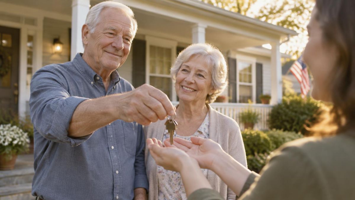 An older couple handing house keys to their adult child in front of the family home