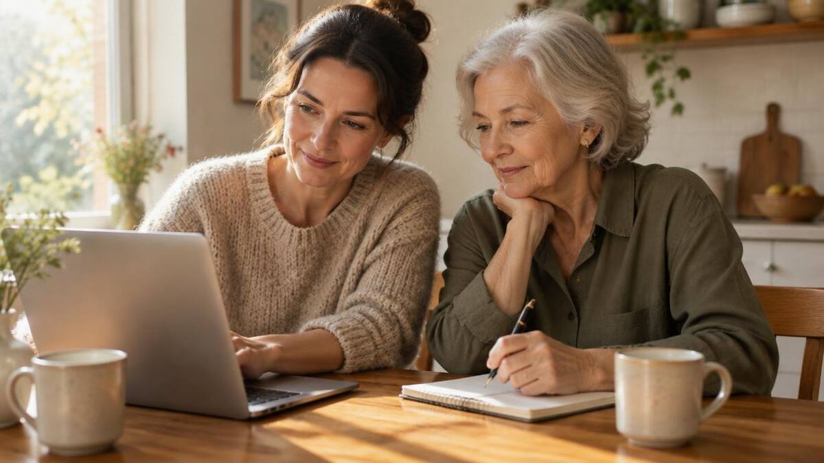 An adult daughter and her mother planning long-term care together at a sunlit kitchen table
