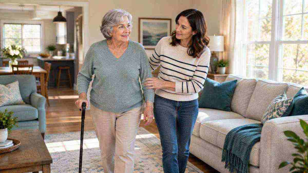 An older woman walking with a cane at home while her adult daughter supports her