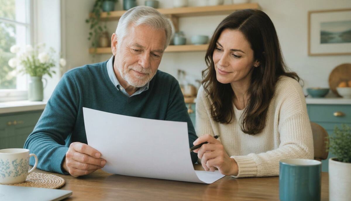 An older man and his adult daughter reviewing a life insurance policy at the kitchen table